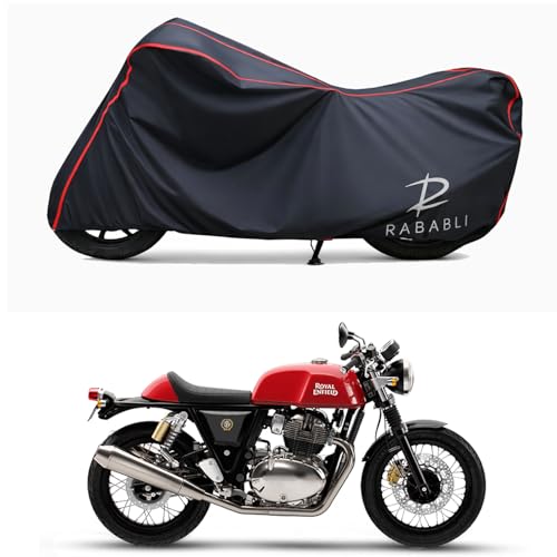 Image of Waterproof Bike Body Cover Compatible for | Royal Enfie Continental GT 650 Rocker | Taffeta Fabric, Red Piping Design, Bottom Elastic Fit | Dustproof, Sun UV & Rain Protection for All Bikes