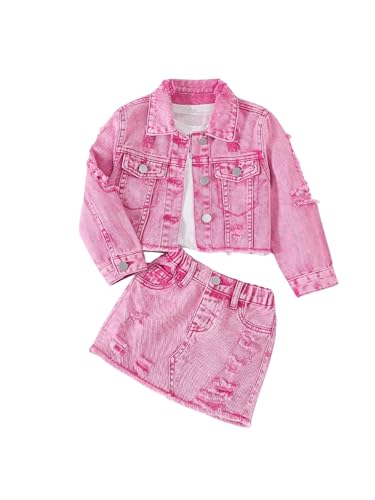 Image of WDIRARA Girl's 2 Piece Outfit Ripped Button Front Long Sleeve Denim Jackets and Mini Skirts Set