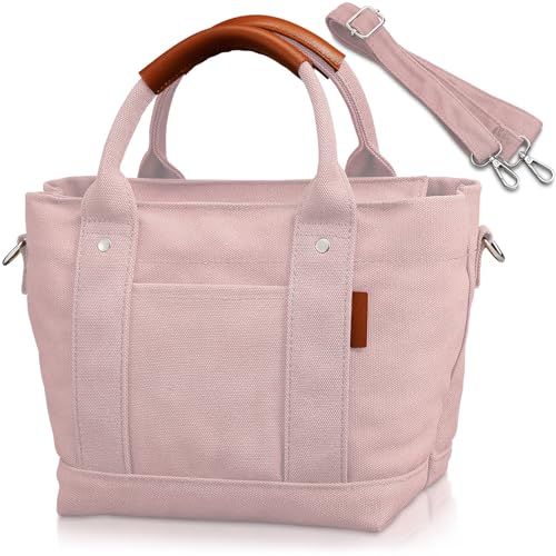 [アンコール] ミニトートバッグ 仕切り 【高見え革巻きハンドル】 キャンバス トートバッグ レディース メンズ 2WAY 自立 軽量 小さめ ファスナー 帆布 ショルダーバッグ (ピンク)の商品画像（Amazon）