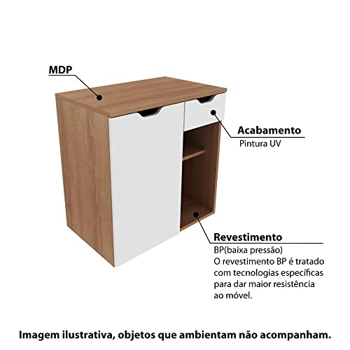 Balcão Gabinete Armário Suspenso 60 cm Sem Cuba 1 Porta 1 Gaveta Banheiro Marrom Madeira e Branco