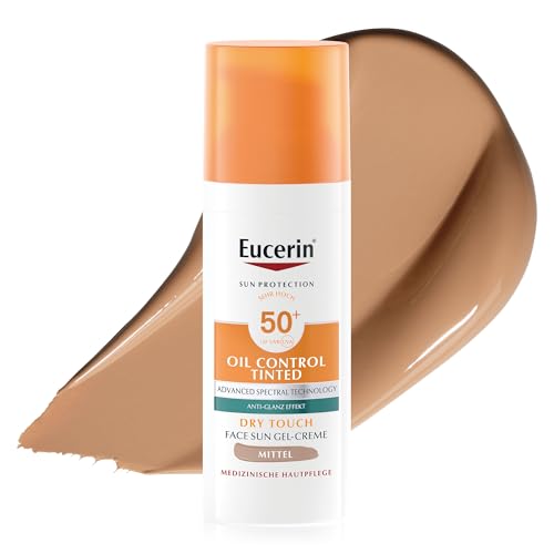 Eucerin Oil Control Tinted Sun Face Gel-Creme LSF 50+ Mittel 50ml, unparfümierte Sonnencreme mit Dry Touch für empfindliche, fettige und zu Akne neigende Haut, getönte Tagescreme mit UV-Filter