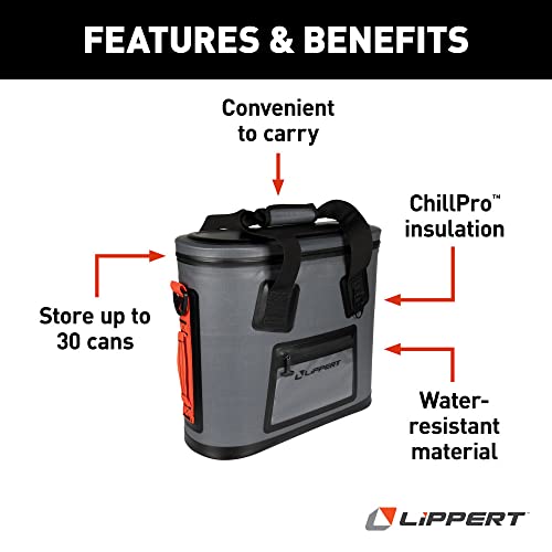 Image of Lippert Adventure Pro 30-Can Soft Insulated Cooler Tote Bag, Up to 20 lbs. of Ice, 22-1 /2 Quarts of Water, 8-1 /4 inch x 20 inch x 17-1 /2 inch Wide Mouth Opening, Padded Handle & Shoulder Strap - 2021099913