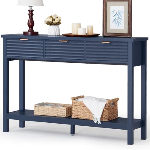LEYAOYAO 47.2 Fluted Console Table with 3 Drawers Blue Entryway Table