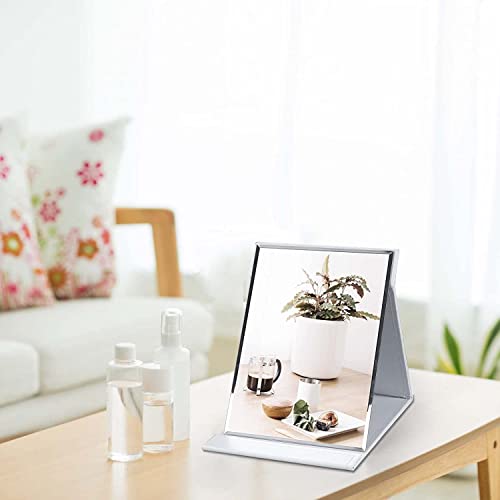 Image of Glass Folding Round Compact Mirror - PU Leather Vanity Mirror With Stand for Desk, Table, Camping, Travel - Tabletop Princess Square Makeup Mirror