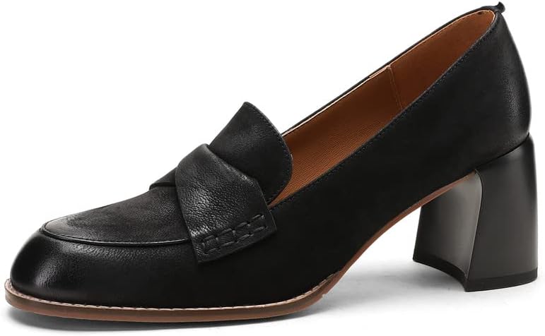 TinaCus Women's Round Toe Genuine Leather Handmade Mid Chunky Heels Slip On Retro Pumps Shoes