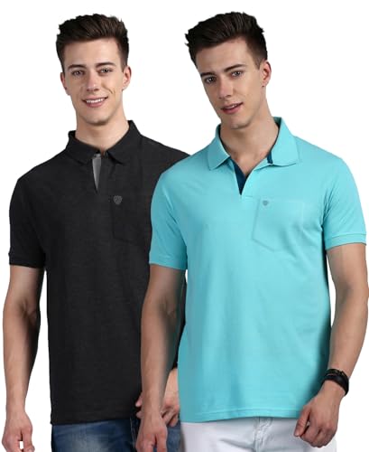 Image of Lux Cozi Men Cotton Regular Fit Polo Neck Half Sleeve Solid Casual T-Shirt with Chest Pocket | Pack of 2 |