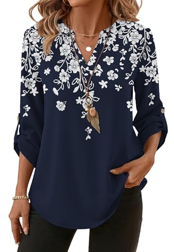 Image of XIEERDUO 3 /4 Length Sleeve Womens Tops V Neck T Shirts Both Side Buttons Blouses Business Casual Outfits Loose Fit