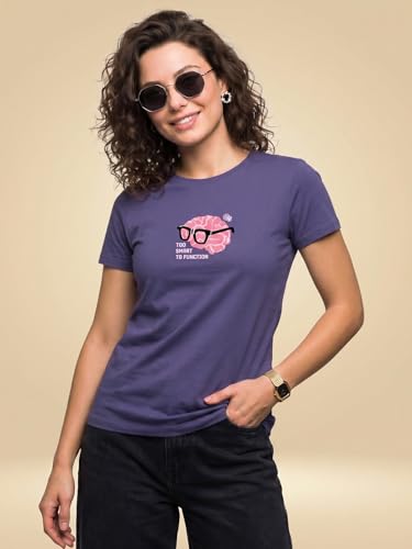 Image of JUNEBERRY Women's Regular Fit Printed Tee - 100% Pure Cotton, Round Neck, Half Sleeve Graphic T-Shirt for Daily Use (Colors: Red, Brown, Green & Future Dusk)