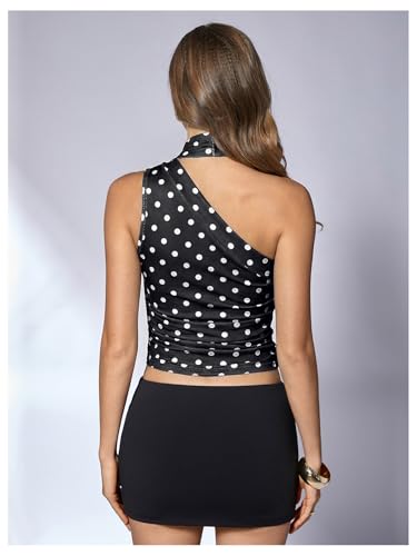 Image of RoseSeek Women's Y2K Leopard Polka Dots Halter Asymmetrical Neck Crop Tops | One Shoulder, Slim Fit, Sleeveless, Cheetah Print, Summer Tops, Scarf Tops, Party, Going Out Tops
