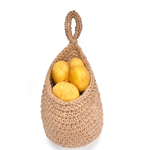 Hanging Wall Vegetable Fruit Baskets, Boho Jute Hanging Basket for Pantry Potato Garlic Onion Fruit Storage Handwoven Decorative Kitchen Organizer and Wall Planter Holder (Middle)