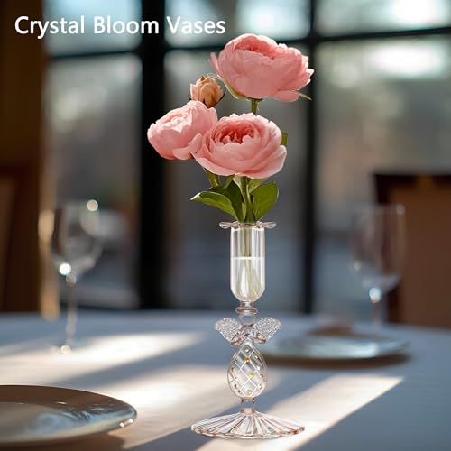 Image of Flameless Taper Candle with Vintage Glass Candle Holder, Set of 2, Wedding Dating Party Table Decor Centerpiece, Angel Shaped, Rose Gold