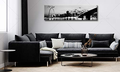 Image of DJSYLIFE Panoramic St. Louis Skyline Wall Art Cityscape Picture Black and White Canvas Print Night View Urban Landscape Modern Artwork Office Bedroom Decor Framed and Ready to Hang 13.8 inchx47.3 inch