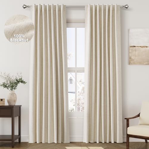 Image of Beige 100% Blackout Linen Curtains 90 inch Length 2 Panels for Bedroom Oatmeal Pinch Pleated Black Out Drapes Farmhouse Rustic Room Darkening Window Curtain Panels Living Room 90 inches Long