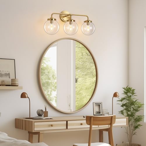 Image of Bathroom Vanity Light Fixtures Over Mirror, Modern Matte 3 Lights Wall Sconce Lighting with Transparent Glass Ball Shade, Mid Century Farmhouse Vanity Lights (Gold)