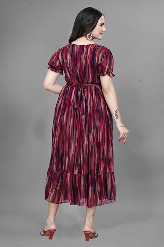 Image of Women Gown with Abstract Print | Georgette One Piece Dress with Puff Sleeves | Round Neck Tiered Midi Frock for Women | Ladies Western Maxi Dress