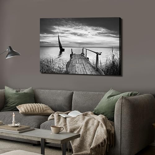 Image of Black and White Coastal Wall Art Beach Sailboat Seascape Pictures Bathroom Wall Decor Grey Trestle Canvas Print Painting Artwork for Modern Abstract Living Room Bedroom Home Office Decoration 24x36 inch