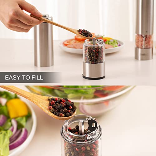Electric Salt And Pepper Grinder Set-Battery Operated Stainless Steel Mill (2)With Led Light -Automatic  One-Handed  Operation Shaker - Acacia Wood Base Ceramic Grinders With Stand-Batteries Included #TOP1