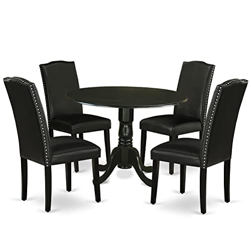 East-West-Furniture-DLEN5-BLK-69-5-Piece-Dining-Room-Furniture-Set-Includes-a-Round-Dining-Table-with-Dropleaf-and-4-Black-Faux-Leather-Upholstered-Chairs-42x42-Inch-Black East West Furniture DLEN5 BLK 69 5 Piece Dining Room Furniture Set Includes a Round Dining Table with Dropleaf and 4 Black Faux Leather Upholstered Chairs 42×42 Inch Black