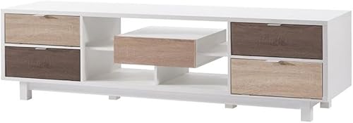 HOMES Inside + Out Eloisa - Moderno soporte de TV con marco de madera con cajón central sobre doble deslizamiento de metal, consola multimedia de 4