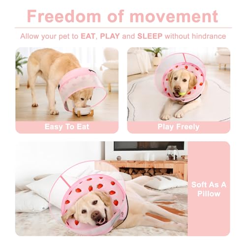 Image of Inflatable Dog Cone Collar for Large Medium Small Dogs, Soft Dog Donut Collar Adjustable Recovery Cone for Pets After Surgery, Extra Enhanced Anti-Licking Guard Shield (Strawberry Print, X-Large)
