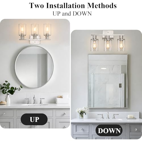 Image of Brushed Nickel Bathroom Light Fixtures Over Mirror,3-Light Bathroom Vanity Light with Clear Glass Shade,Modern Farmhouse Wall Sconces Lighting for Mirror Kitchen Living Room Cabinet