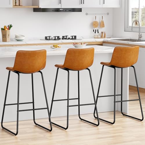 Image of REONEY Bar Stools Set of 4, 30 inch PU Leather Counter Height Barstools, Brown