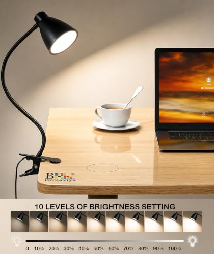 Image of Brolaviya 10W LED Reading Desk light Lamp with USB Powered, 38 LEDs, Gooseneck Clip Metal body, 3 Color Temperature Modes, 10 Dimming Brightness, Eye-Caring, Bedside Light, Workshop, Study lamp, Black