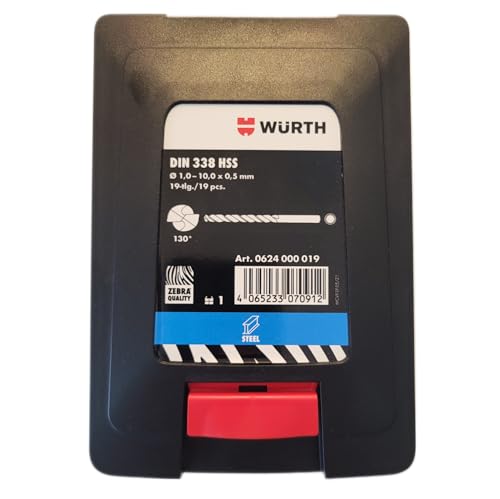 Würth Metalbohrer Set Ø 1,0-10,0 x 0,5 mm, HSS DIN 338 Typ RN 130° 19-tlg, Spiralbohrer Sortiment, ZEBRA-Premium