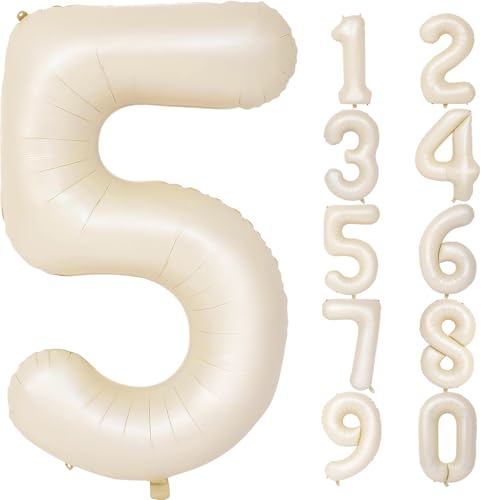 Image of Number Balloons for Birthday Decorations - 40 Inch Large Party Balloons 5, Cream Foil Number Balloons for Boys Girls, Balloons for Party Supplies