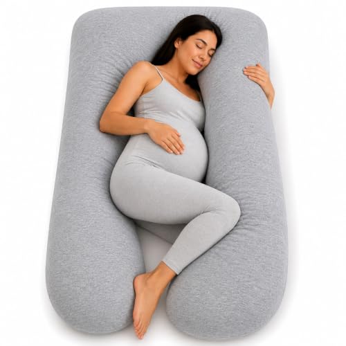 U-Shaped Pregnancy Pillow 100% Cotton Cover Full Body Maternity Support for Belly Back and Legs Bonus Eye Mask and Gift Box (Light Grey)