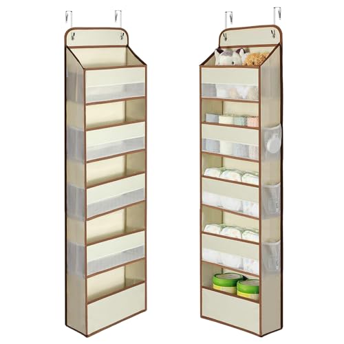 ウォールポケット Rinimie ドア掛け収納式ポケット 5段の大容量 透明窓付き 変形防止設計 壁掛け収納ポケット 吊り下げ収納ポケット 頑丈な不織布で作られた 耐用 小物収納 おもちゃ 雑誌 書類/漫画などの収納 2x弾性フック付き (ベージュ)