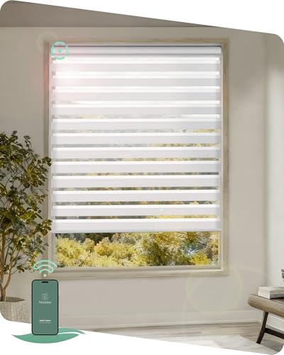 Yoolax Motorized Zebra Blinds, Electric Zebra Shades for Indoor Windows, Motorized Shades Light Control Horizontal, Automatic Window Shades for Bedroom Office Kitchen (80% Shading White, 34" x 72")