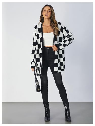 SOLY HUX Women's Long Sleeve Oversized Sweater Checkered Cardigan Open Front Outerwear Tops3