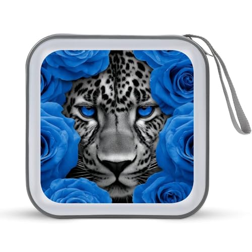 DuduYH Blue Eyes Leopard with Roses CD Case DVD Storage Case Portable