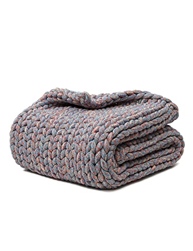 YnM Weighted Blanket, Handmade Chunky Knitted Design, Soft and Cozy, Temperature Regulating and Breathable, Machine Washable Throw for Sleep or Home Decor (Red Blue Fancy Yarn, 60x80 Inch, 15lbs)