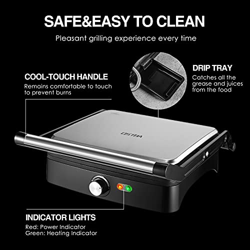 Image of OSTBA Panini Press Grill with Adjustable Temperature, 4-Slice Indoor Grill, 180 Open Sandwich Maker with Drip Tray, Non-Stick Plates, Stainless Steel, 1200W