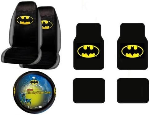 A Set of 4 Universal Fit Batman Plush Carpet Floor Mats and 1 Comfort Grip Steering Wheel Cover and A Set of 2 Universal Fit Seat Covers