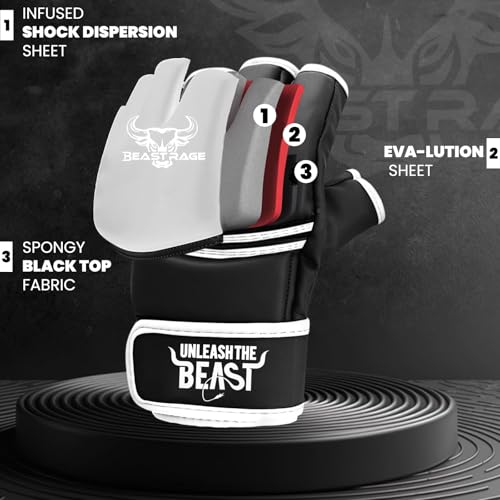 BEASTRAGE MMA Handschuhe für Männer und Frauen,Martial Arts Mitts Grappling Sparring,Ventilated Palm, VEGAN Leder, Cage Fighting, Muay Thai, Kickboxen, Boxsack, Boxen, Kickboxen (XL, Weiss)