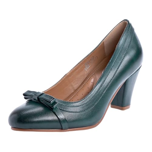 Image of Mona flying Women's Leather Chunky Pumps Dress High Heel Office Work Shoes