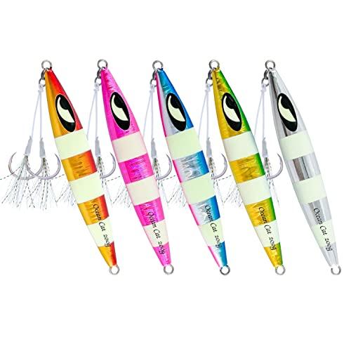 OCEAN CAT 5個 鉛 メタル フラット スローフォール ピッチ 釣り ジグ ルアー シンキング バーチカル ジギング ベイト バタフライフック付き 海水釣り用 (各色 1個 (5個) 80g 1枚目
