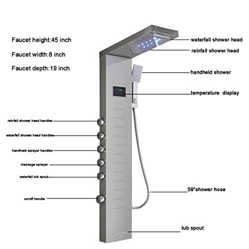 Columna de Ducha LED con Panel Luminoso, Sistema de Chorro Cascada y Masaje Corporal, Montaje en Techo miniatura 6