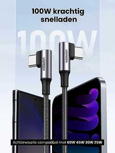100W USB C oplaadkabel haakse stekker 90° PD 3.0 PPS 5A, snel opladen en data 480Mbps, 3m, iPhone 15, MacBook Pro - Afbeelding 3