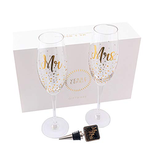 Verre Esprit Mr & Mrs Champagne Flutes & Bottle Stopper â€“ Mrs & Mr Toast Wedding Glasses, Engagement Glasses & Toasting Glasses â€“ Mr And Mrs Gift Box â€“ Comes In A Stunning White Box