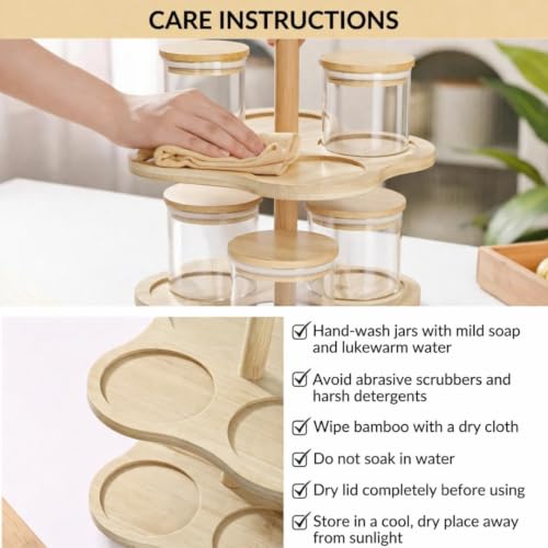 Image of Borosilicate Glass Storage Jar Set with 360 Rotating Bamboo Stand Set of 8, 350ml Airtight Glass Containers with Bamboo Lids, 2-Tier Dry Fruit Storage Organizer for Nuts, Snacks, Spices