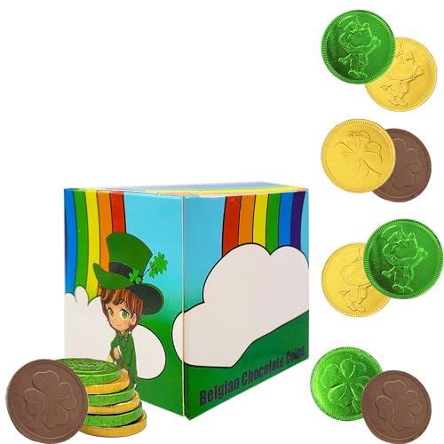 Saint Patrick's Day Half-Pound Shamrock Leprechaun Chocolate Green and Gold Coins, Premium Belgian Nut-Free Milk Chocolate, Kosher,