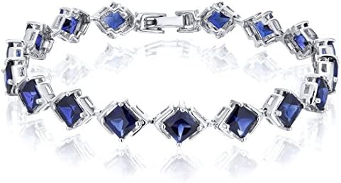 Peora Created Blue Sapphire Tennis Bracelet for Women 925 Sterling Silver, 12 Carats total 16 Pieces Princess Cut, 7 1/4 inch length