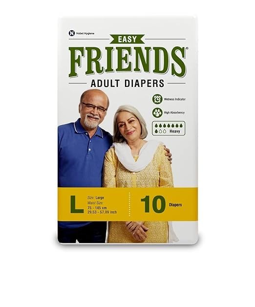 Image of Friends Easy Unisex Adult Diapers Tape Style-10 Count /Pack With Odour Lock And Anti-Bacterial Absorbent Core- Waist Size 30-56 Inch ; 76-142Cm (Pack-6, Large 60 Count)