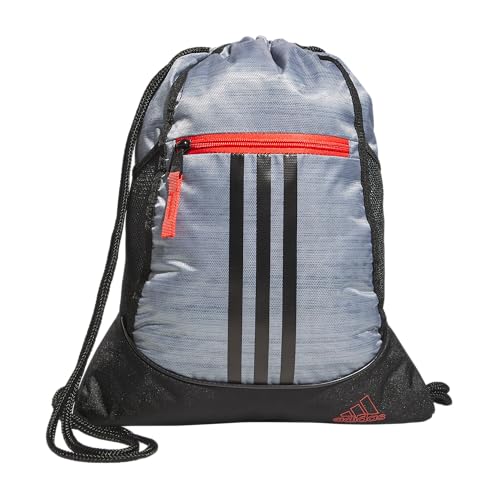 Image of adidas Alliance Sackpack DISCONTINUED, Two Tone Grey Two /Black /Bright Red, One Size, Alliance Sackpack (12l) Lightweight Athletic Small Drawstring Team Sports Workout Bag Discontinued