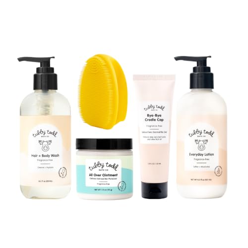 Image of TUBBY TODD Baby Cradle Cap Solution, The Bye-Bye Cradle Cap Kit | Cradle Cap Gel 1.8 oz, Shampoo + Body Wash 8.5 oz, Lotion 8.5 Oz, All Over Ointment 3.5 oz, Cradle Cap Brush, Fragrance-Free