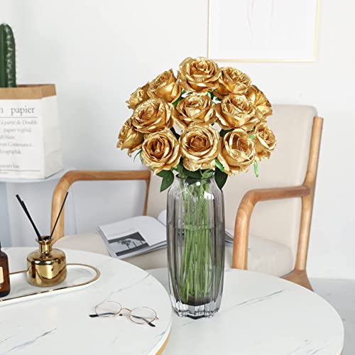 JUSTOYOU 10 pcs Artificial Silk Rose Gold Flowers,Single Stem Fake Roses Flowers for Home Party Wedding Bouquet Christmas decorations (Gold)